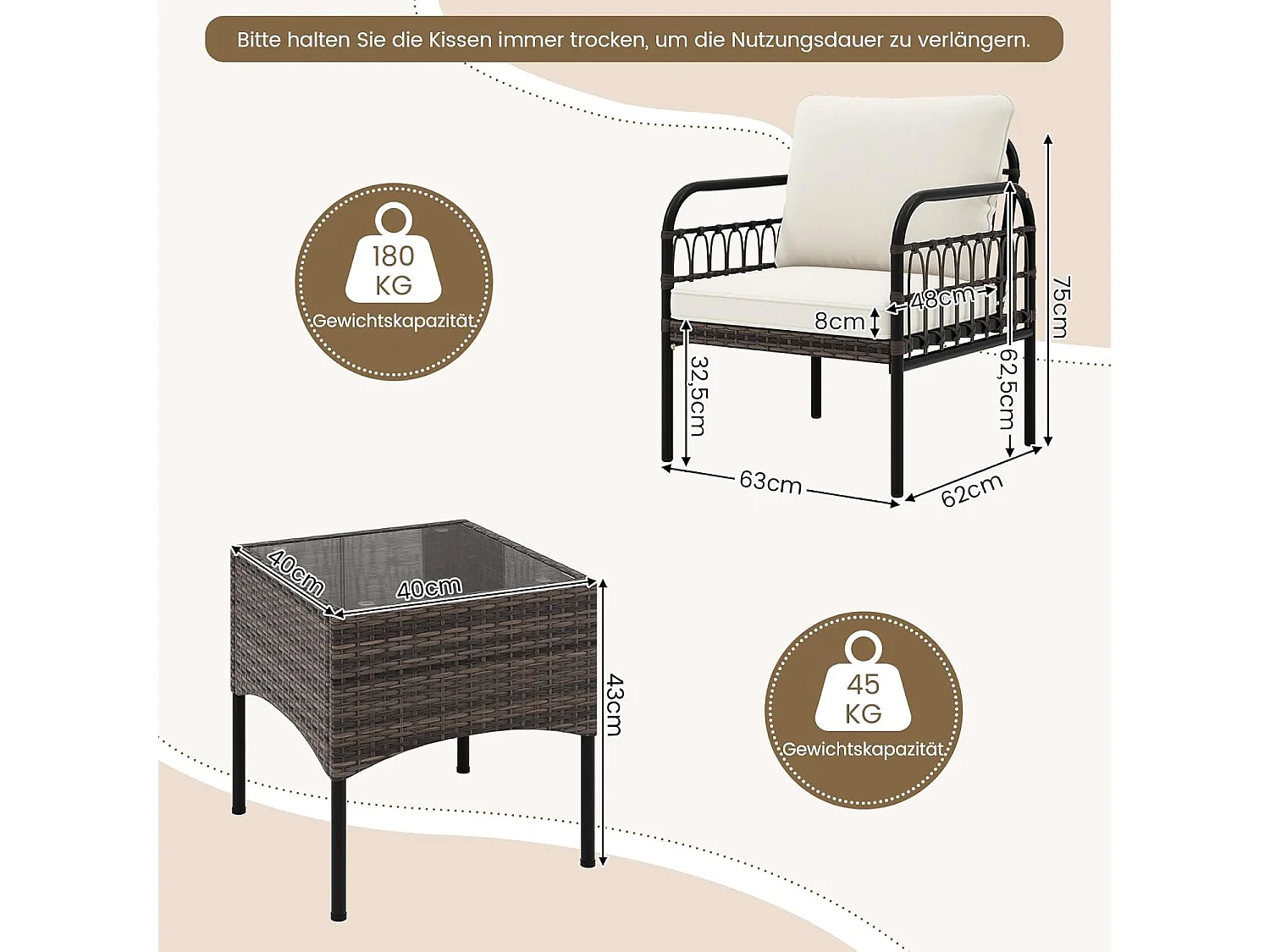 3-delige rotan stoelset, tuinstoel,terrasstoelen, metalen frame met glazen bijzettafel en kussens, gesprekset,tuinmeubelset voor tuin,achtertuin en zwembad TI93705