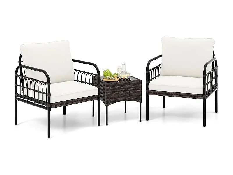 3-delige rotan stoelset, tuinstoel,terrasstoelen, metalen frame met glazen bijzettafel en kussens, gesprekset,tuinmeubelset voor tuin,achtertuin en zwembad TI93705