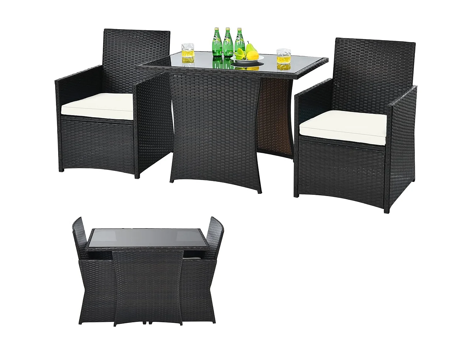 3-delige polyrotan tuinmeubelset, 2 stoelen en 1 bijzettafel met glasplaat, rotan meubel, ruimtebesparend, tuinlounge, tuingarnituur,tuinset incl. zitkussenTI80390