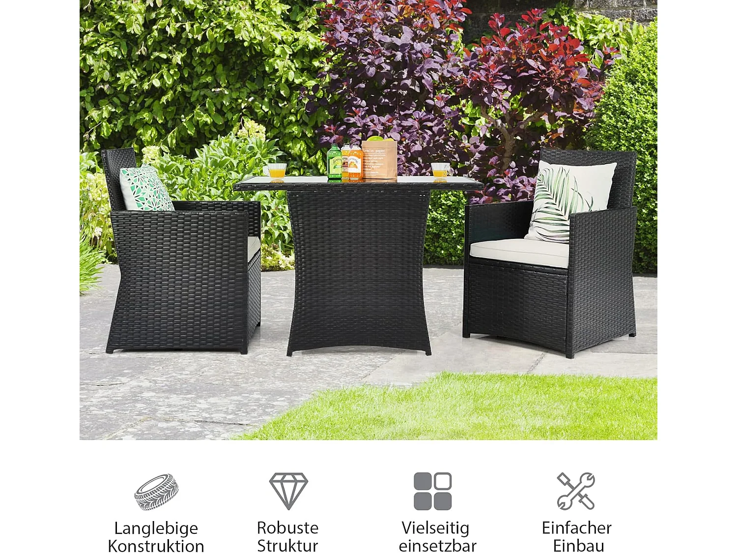 3-delige polyrotan tuinmeubelset, 2 stoelen en 1 bijzettafel met glasplaat, rotan meubel, ruimtebesparend, tuinlounge, tuingarnituur,tuinset incl. zitkussenTI80390