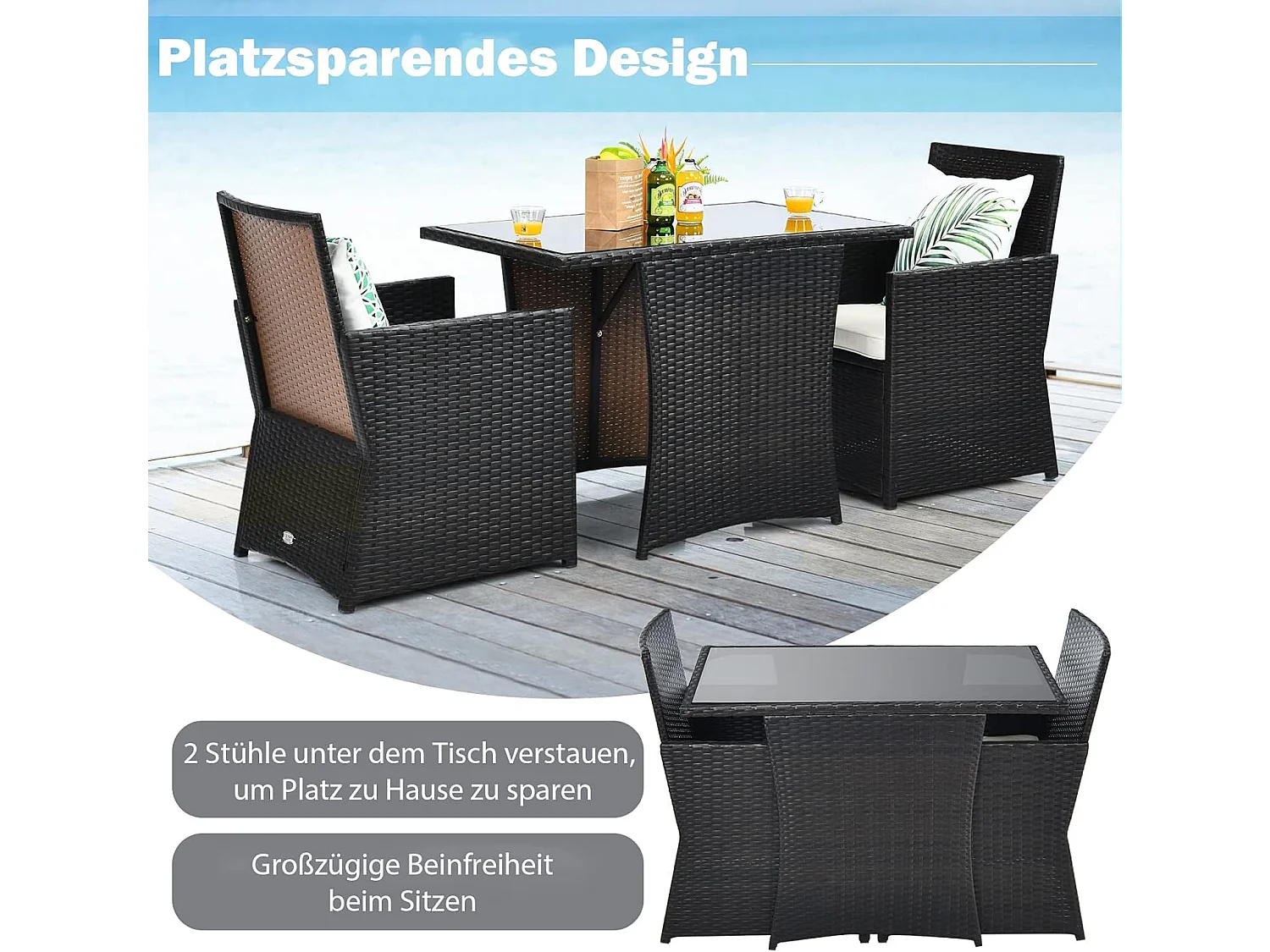 3-delige polyrotan tuinmeubelset, 2 stoelen en 1 bijzettafel met glasplaat, rotan meubel, ruimtebesparend, tuinlounge, tuingarnituur,tuinset incl. zitkussenTI80390