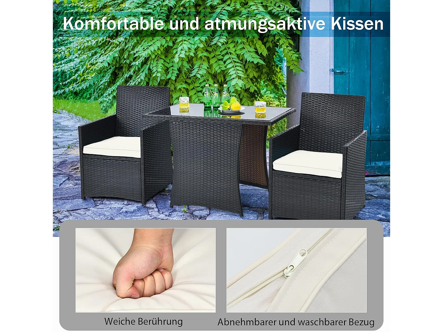 3-delige polyrotan tuinmeubelset, 2 stoelen en 1 bijzettafel met glasplaat, rotan meubel, ruimtebesparend, tuinlounge, tuingarnituur,tuinset incl. zitkussenTI80390