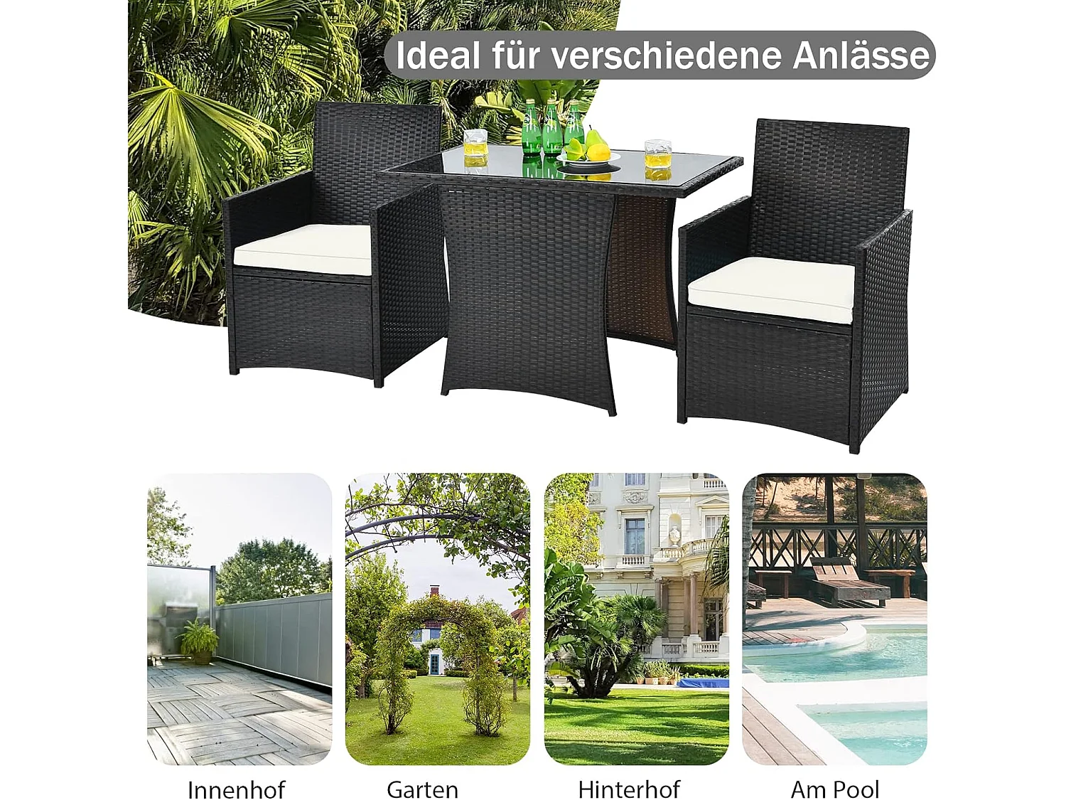3-delige polyrotan tuinmeubelset, 2 stoelen en 1 bijzettafel met glasplaat, rotan meubel, ruimtebesparend, tuinlounge, tuingarnituur,tuinset incl. zitkussenTI80390