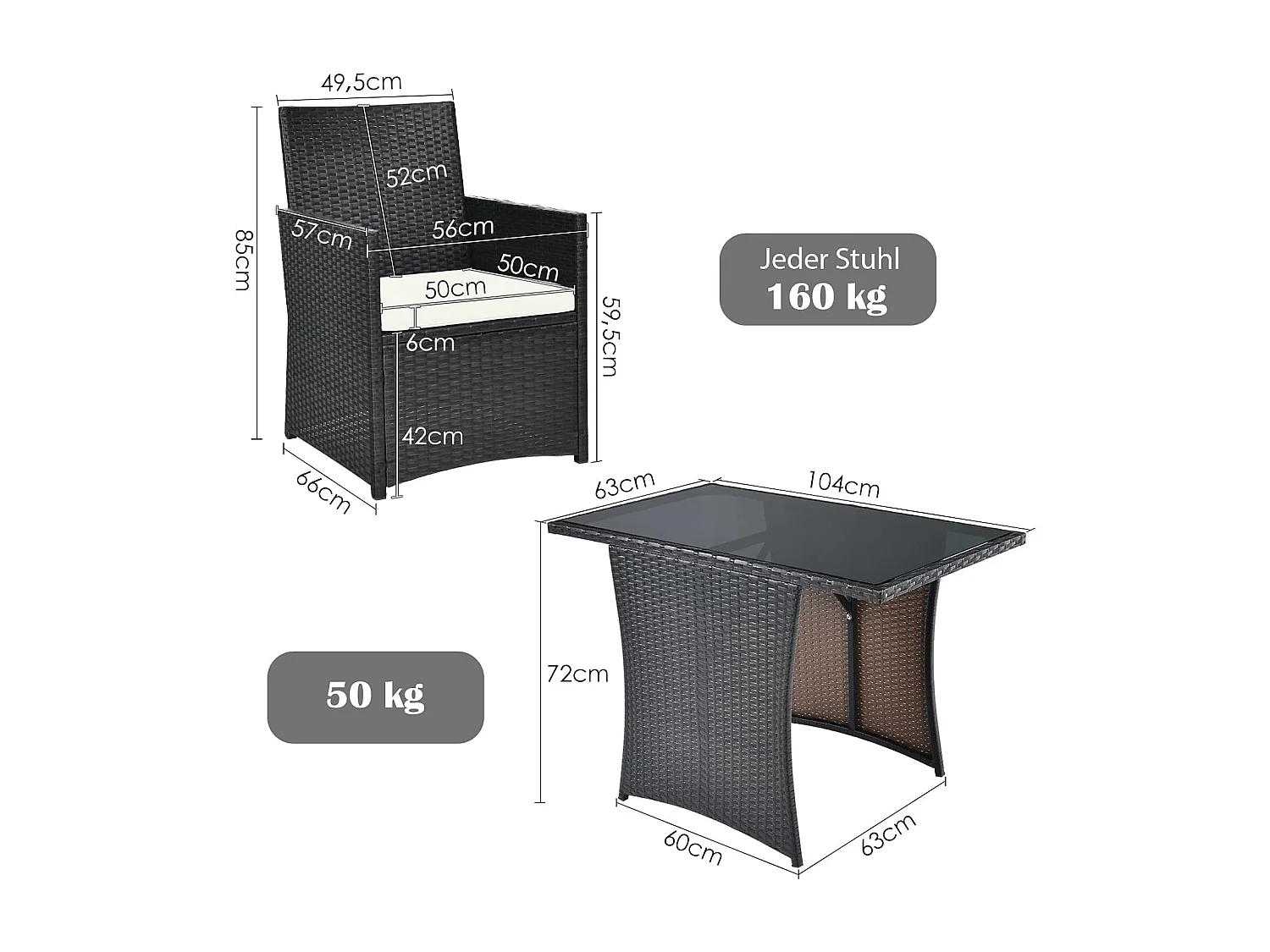 3-delige polyrotan tuinmeubelset, 2 stoelen en 1 bijzettafel met glasplaat, rotan meubel, ruimtebesparend, tuinlounge, tuingarnituur,tuinset incl. zitkussenTI80390