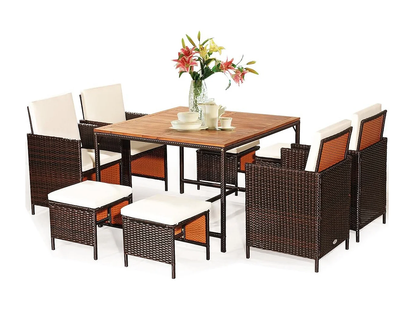 9-delige polyrotan set, rotan meubels, tuin-eetzitgroep met tafel, inklapbare stoel en voetenbank, ruimtebesparende tuinmeubelen met kussens,(beige)TI92896