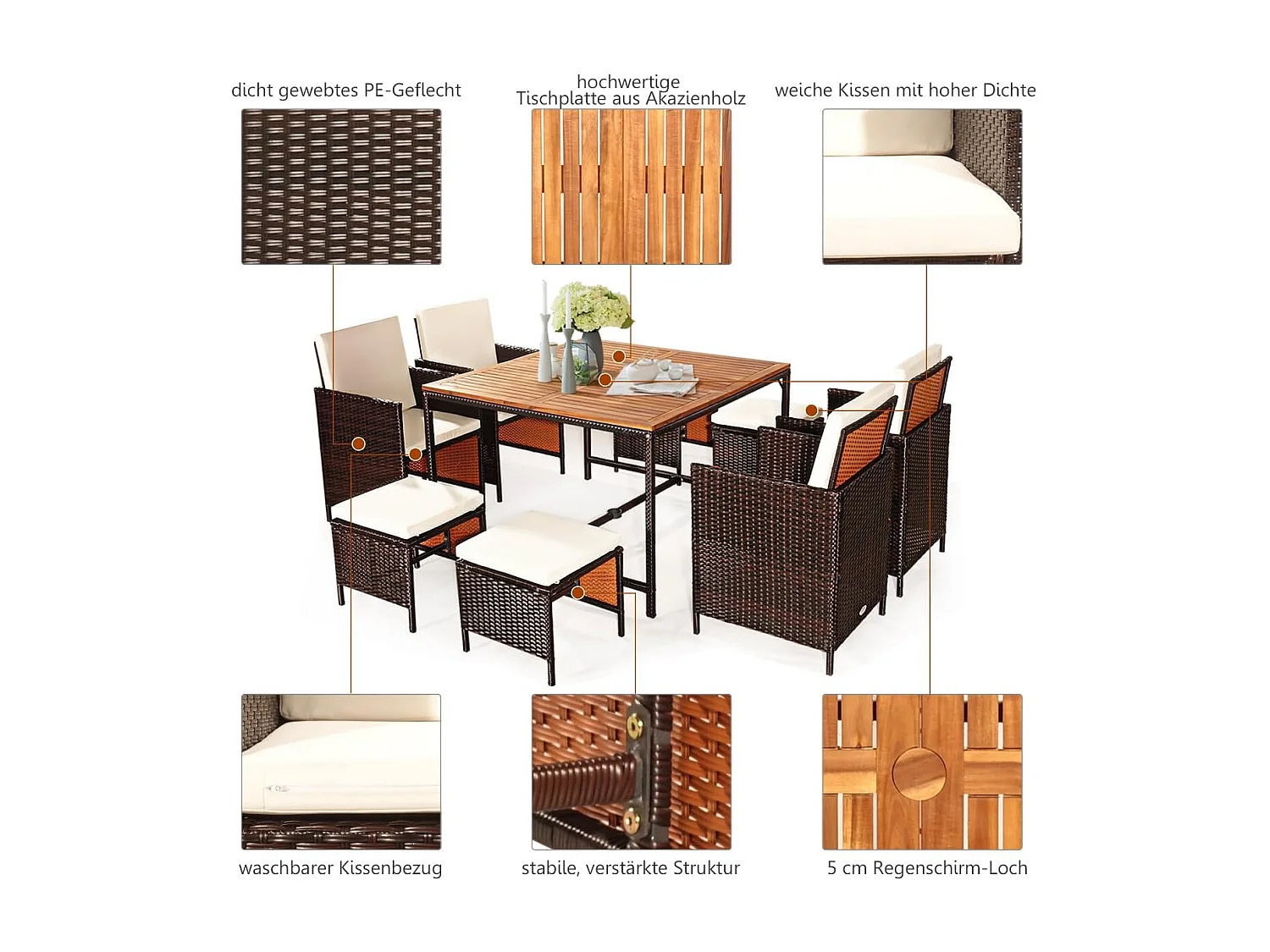 9-delige polyrotan set, rotan meubels, tuin-eetzitgroep met tafel, inklapbare stoel en voetenbank, ruimtebesparende tuinmeubelen met kussens,(beige)TI92896
