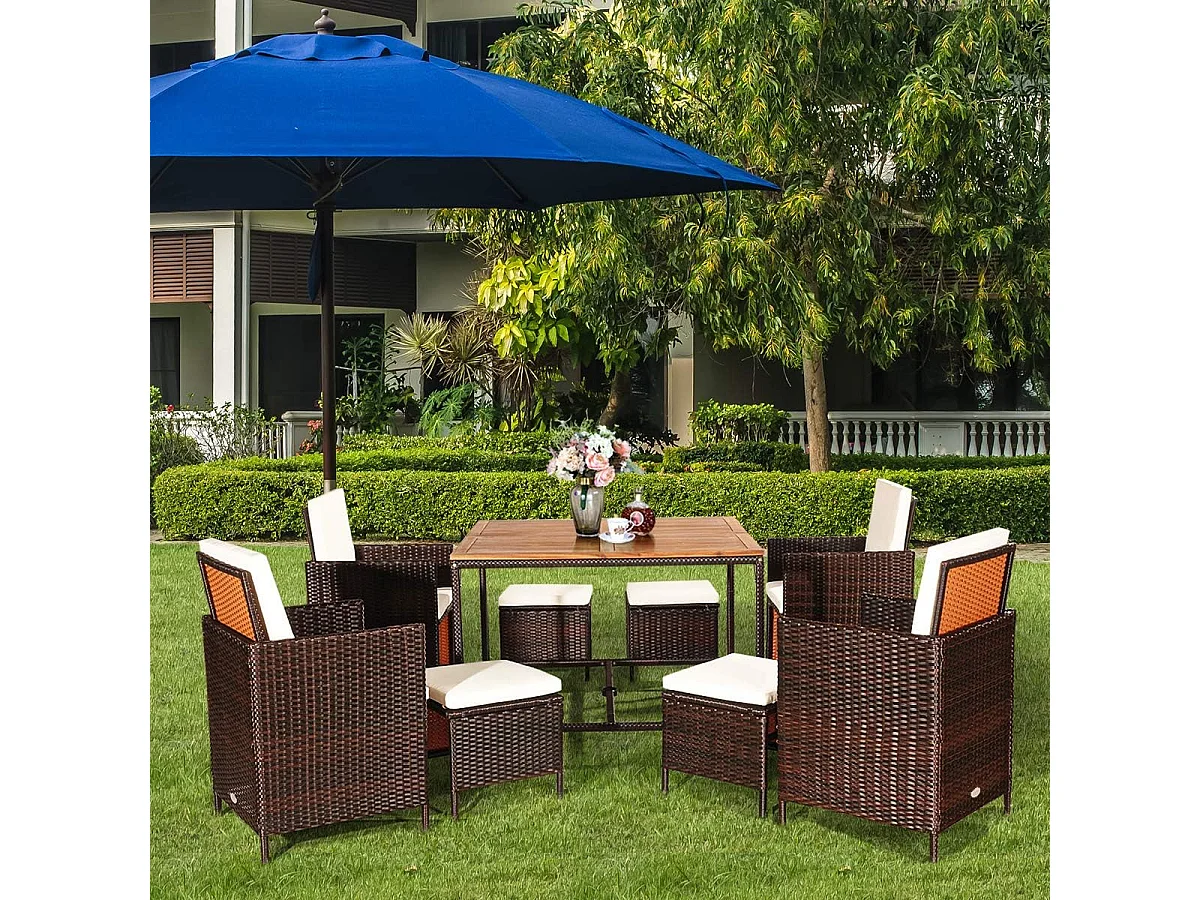 9-delige polyrotan set, rotan meubels, tuin-eetzitgroep met tafel, inklapbare stoel en voetenbank, ruimtebesparende tuinmeubelen met kussens,(beige)TI92896