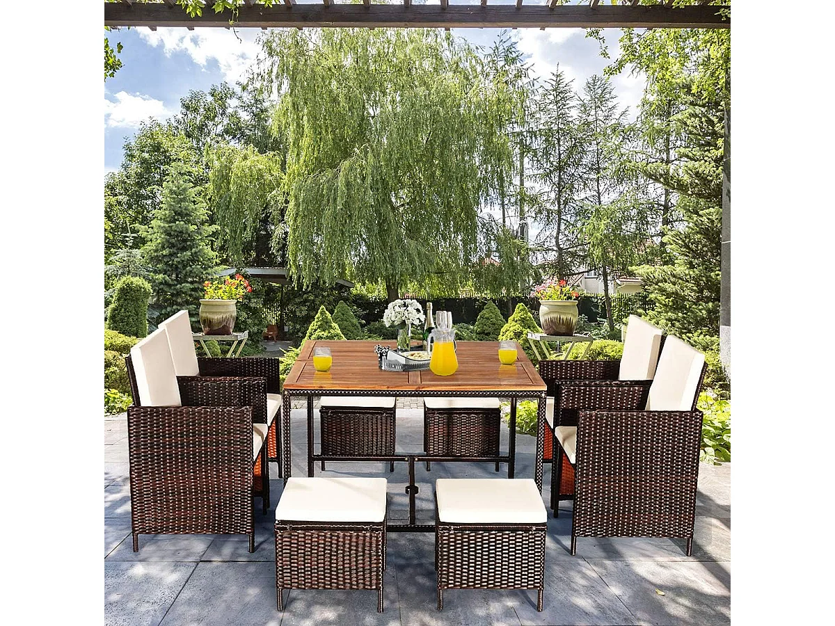 9-delige polyrotan set, rotan meubels, tuin-eetzitgroep met tafel, inklapbare stoel en voetenbank, ruimtebesparende tuinmeubelen met kussens,(beige)TI92896