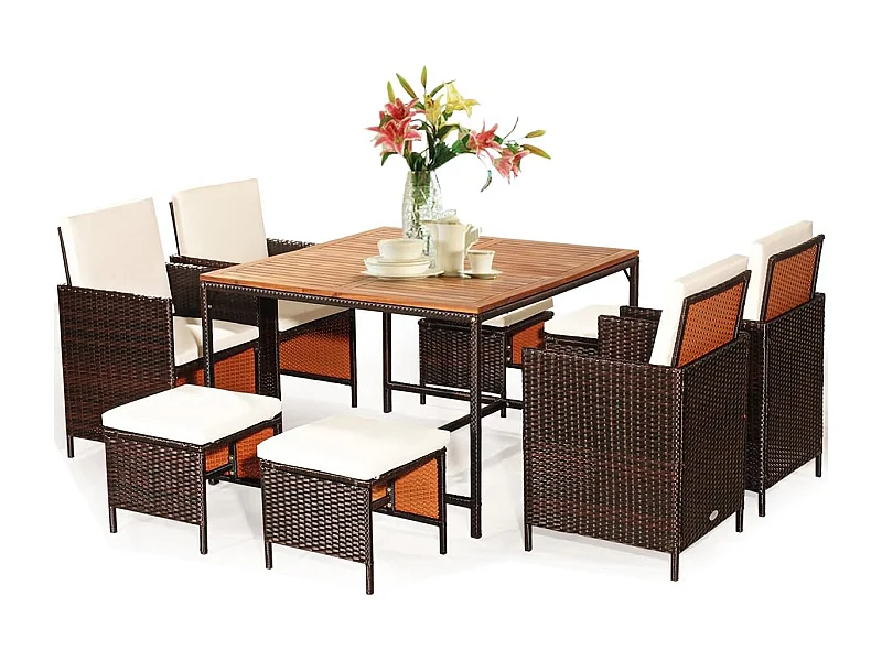 9-delige polyrotan set, rotan meubels, tuin-eetzitgroep met tafel, inklapbare stoel en voetenbank, ruimtebesparende tuinmeubelen met kussens,(beige)TI92896