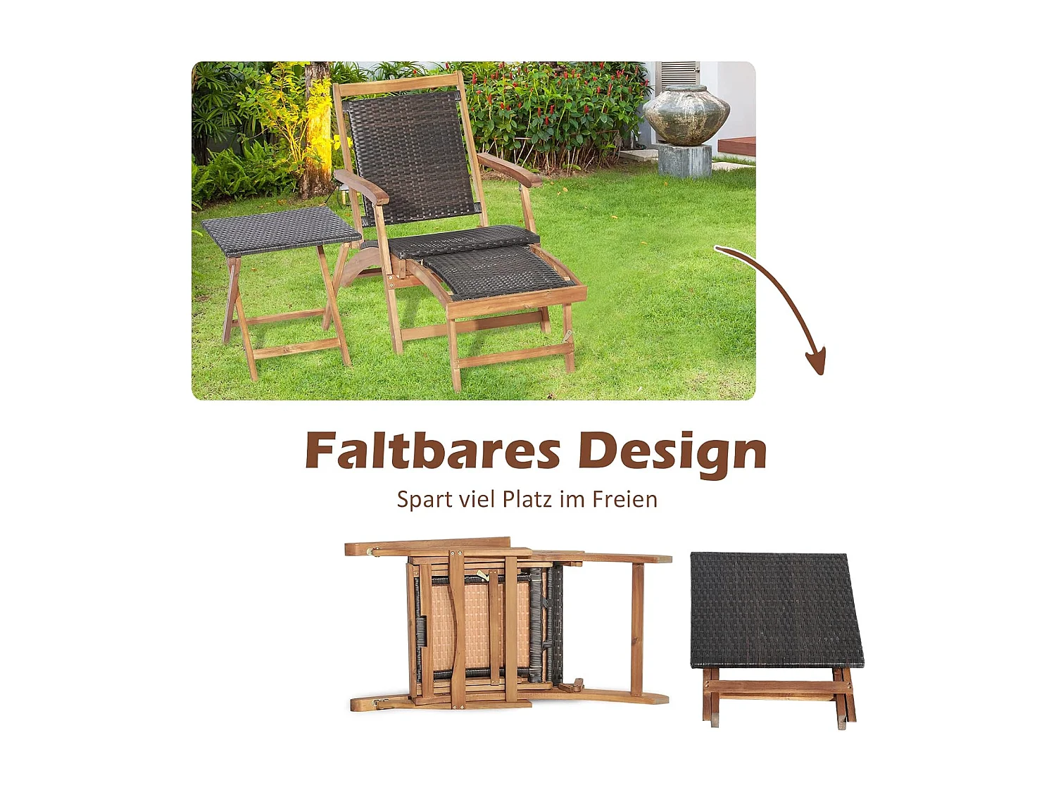 Rotan zonneligstoel met uittrekbare voetensteun & bijzettafel, inklapbare tuinstoel, houten ligbed, belastbaar tot 160 kg, voor zwembad, strand