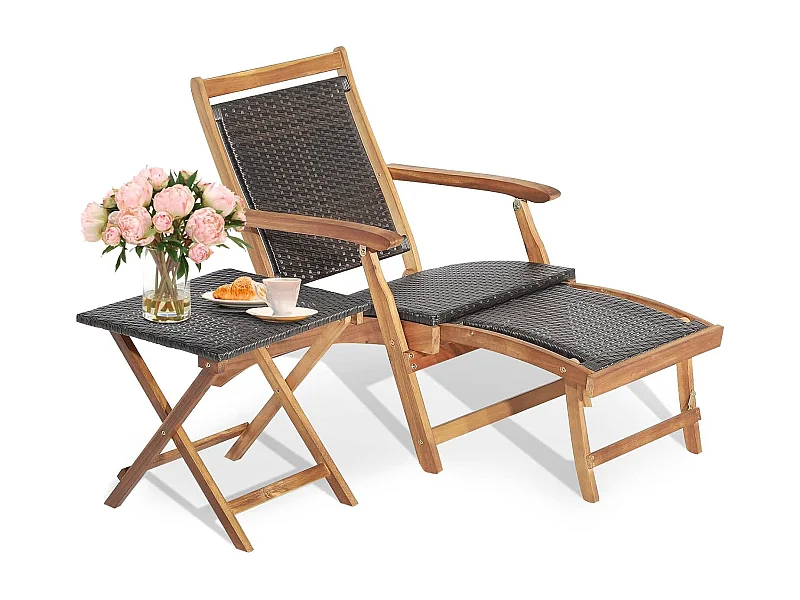 Rotan zonneligstoel met uittrekbare voetensteun & bijzettafel, inklapbare tuinstoel, houten ligbed, belastbaar tot 160 kg, voor zwembad, strand