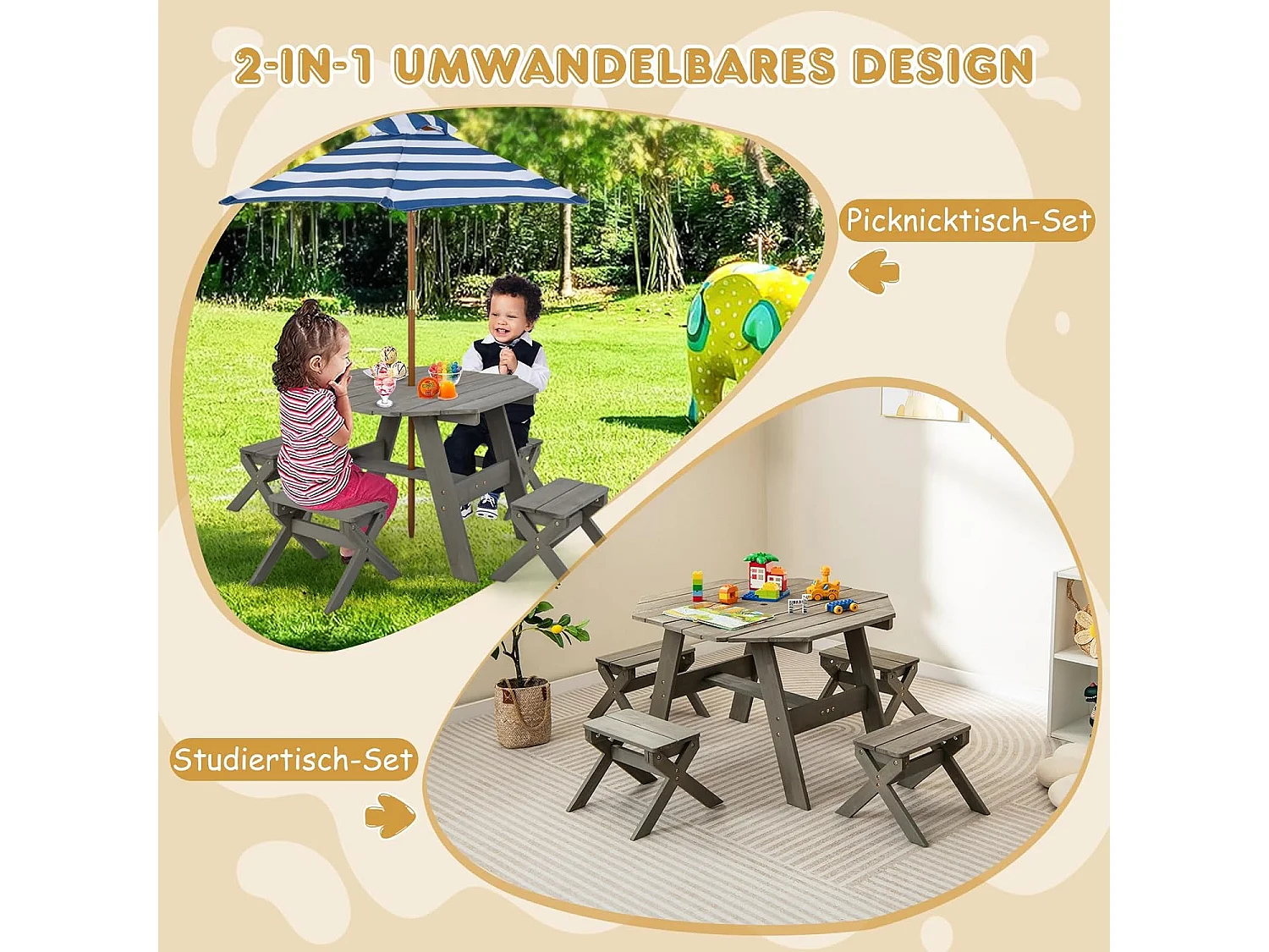 Kinderzitgroep voor buiten, picknicktafel met 4 stoelen en parasol, houten zitset, zitgroep, tuinmeubelen voor tuin, achtertuin, terras (grijs)ZB33044