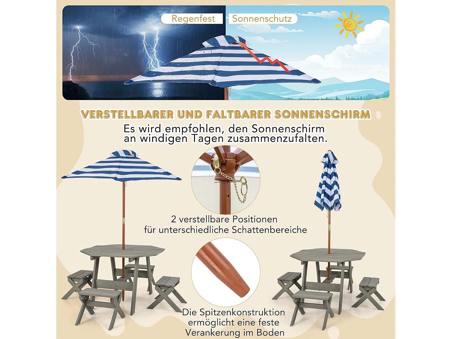 Kinderzitgroep voor buiten, picknicktafel met 4 stoelen en parasol, houten zitset, zitgroep, tuinmeubelen voor tuin, achtertuin, terras (grijs)ZB33044