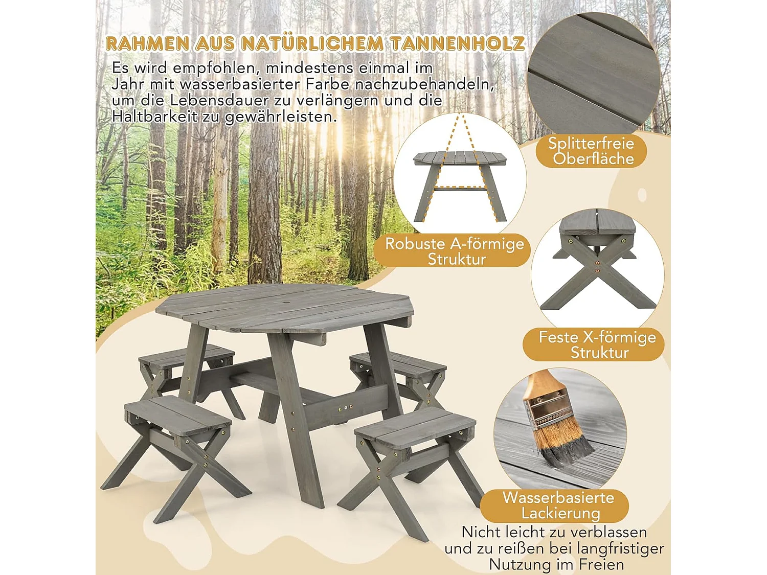 Kinderzitgroep voor buiten, picknicktafel met 4 stoelen en parasol, houten zitset, zitgroep, tuinmeubelen voor tuin, achtertuin, terras (grijs)ZB33044