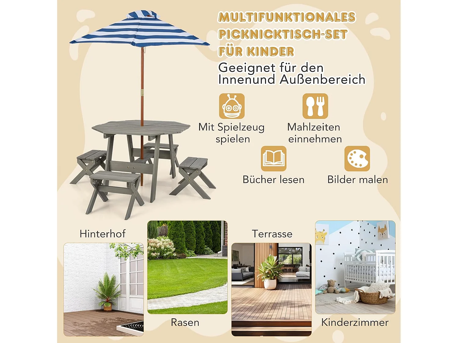 Kinderzitgroep voor buiten, picknicktafel met 4 stoelen en parasol, houten zitset, zitgroep, tuinmeubelen voor tuin, achtertuin, terras (grijs)ZB33044
