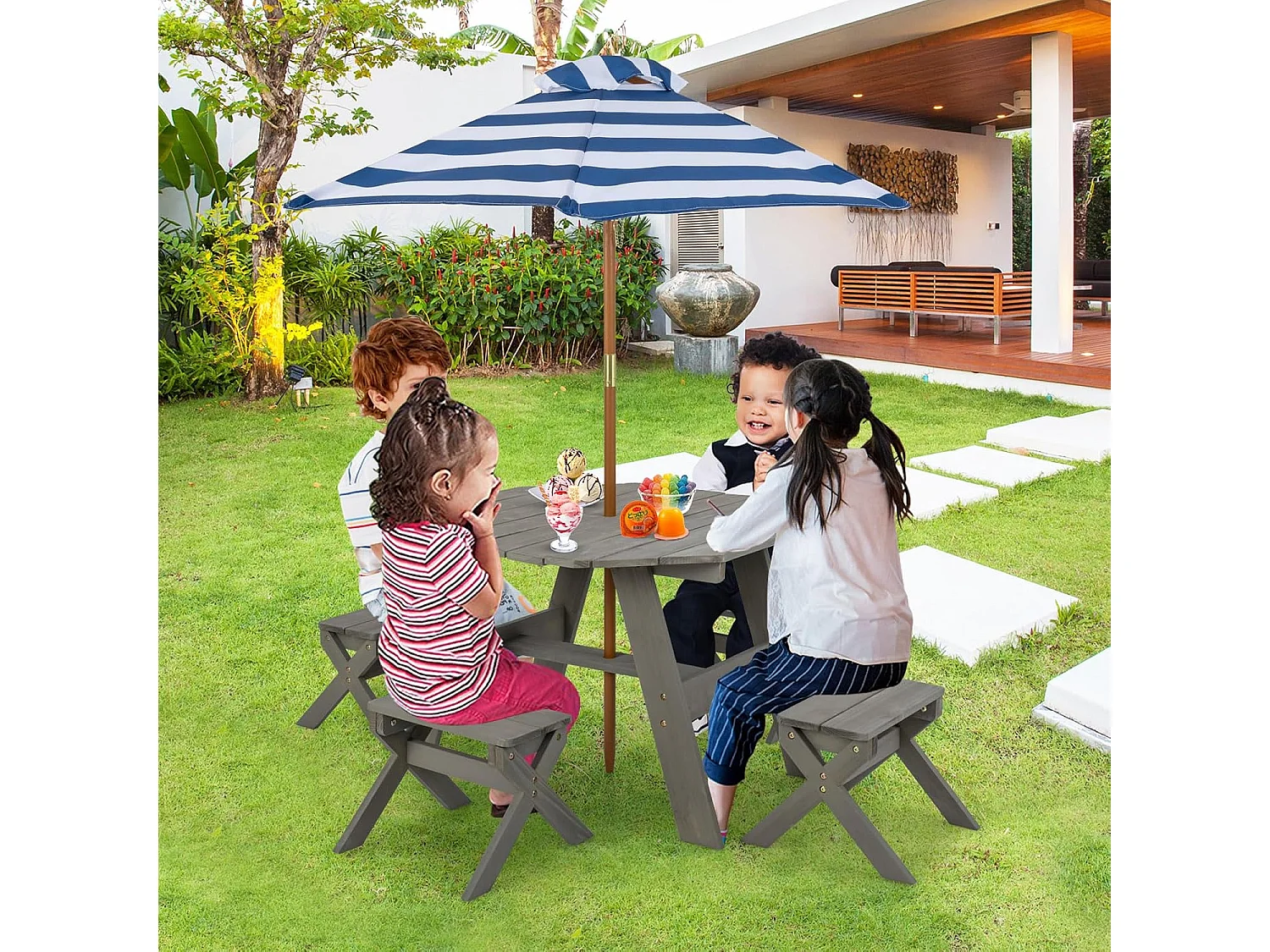 Kinderzitgroep voor buiten, picknicktafel met 4 stoelen en parasol, houten zitset, zitgroep, tuinmeubelen voor tuin, achtertuin, terras (grijs)ZB33044
