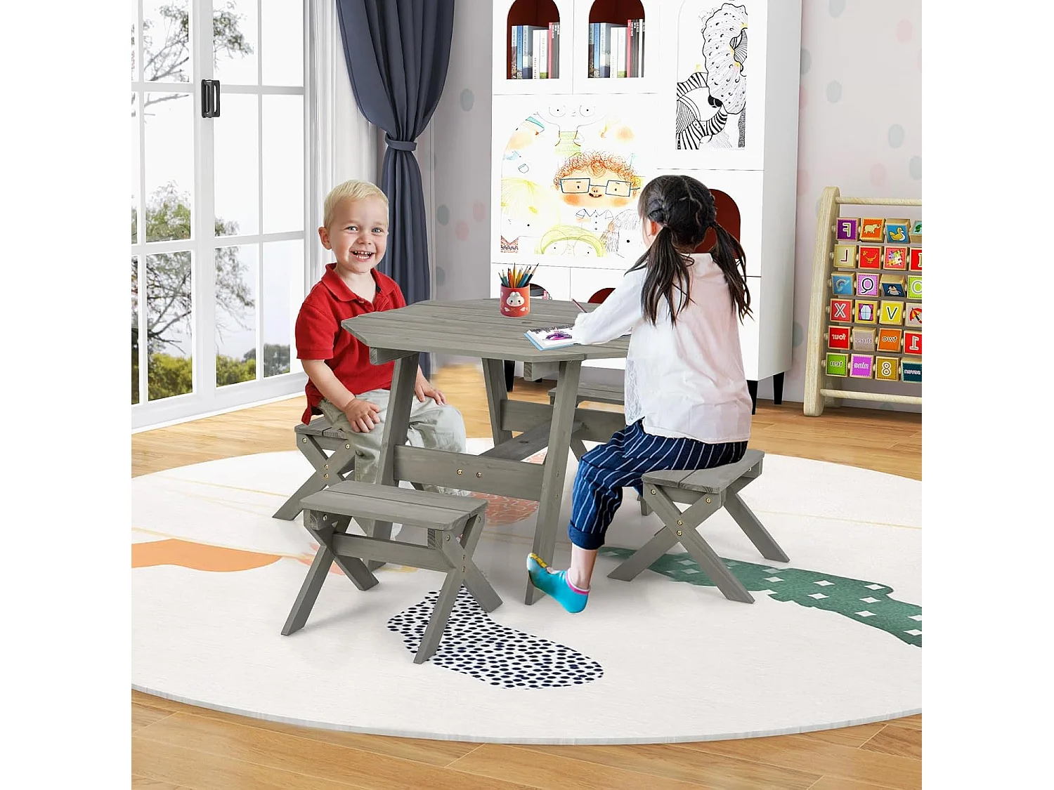 Kinderzitgroep voor buiten, picknicktafel met 4 stoelen en parasol, houten zitset, zitgroep, tuinmeubelen voor tuin, achtertuin, terras (grijs)ZB33044