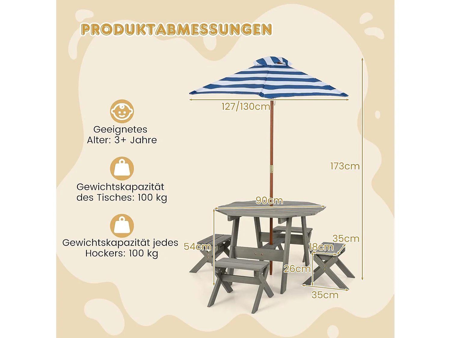 Kinderzitgroep voor buiten, picknicktafel met 4 stoelen en parasol, houten zitset, zitgroep, tuinmeubelen voor tuin, achtertuin, terras (grijs)ZB33044