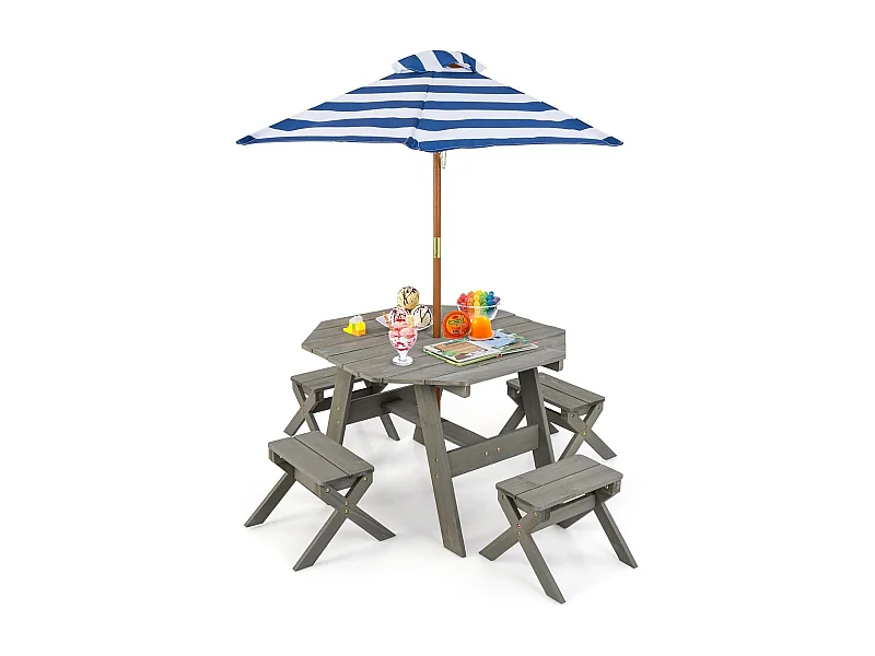 Kinderzitgroep voor buiten, picknicktafel met 4 stoelen en parasol, houten zitset, zitgroep, tuinmeubelen voor tuin, achtertuin, terras (grijs)ZB33044