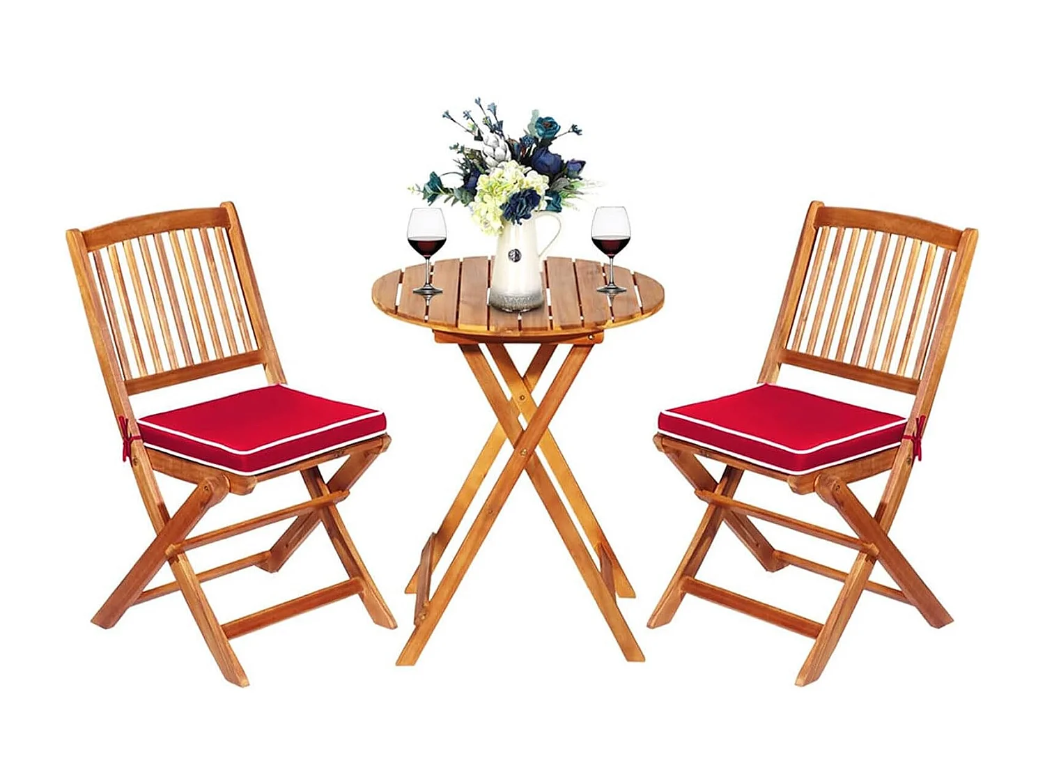 3-delige terrasmeubelset, inklapbaar,met ronde tafel en 2 stoelen,ergonomische zitset van acaciahout met 2 kussens, bistroset voor balkon, tuin, terras,roodTI87097