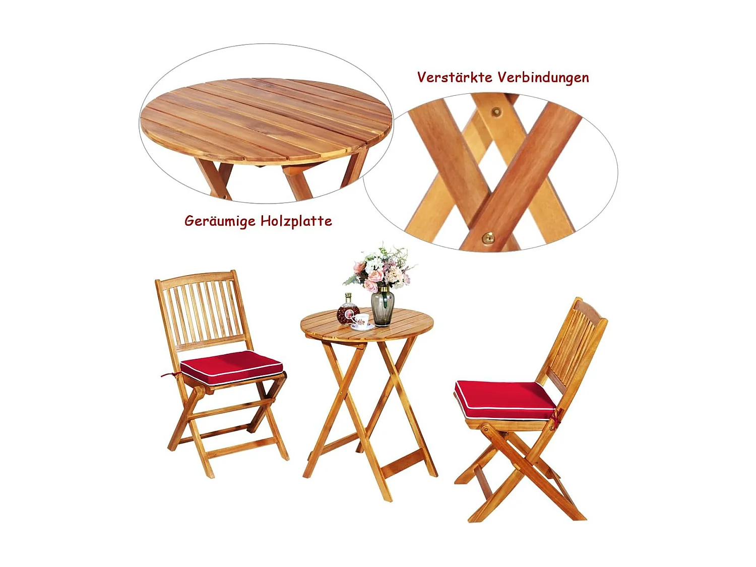 3-delige terrasmeubelset, inklapbaar,met ronde tafel en 2 stoelen,ergonomische zitset van acaciahout met 2 kussens, bistroset voor balkon, tuin, terras,roodTI87097