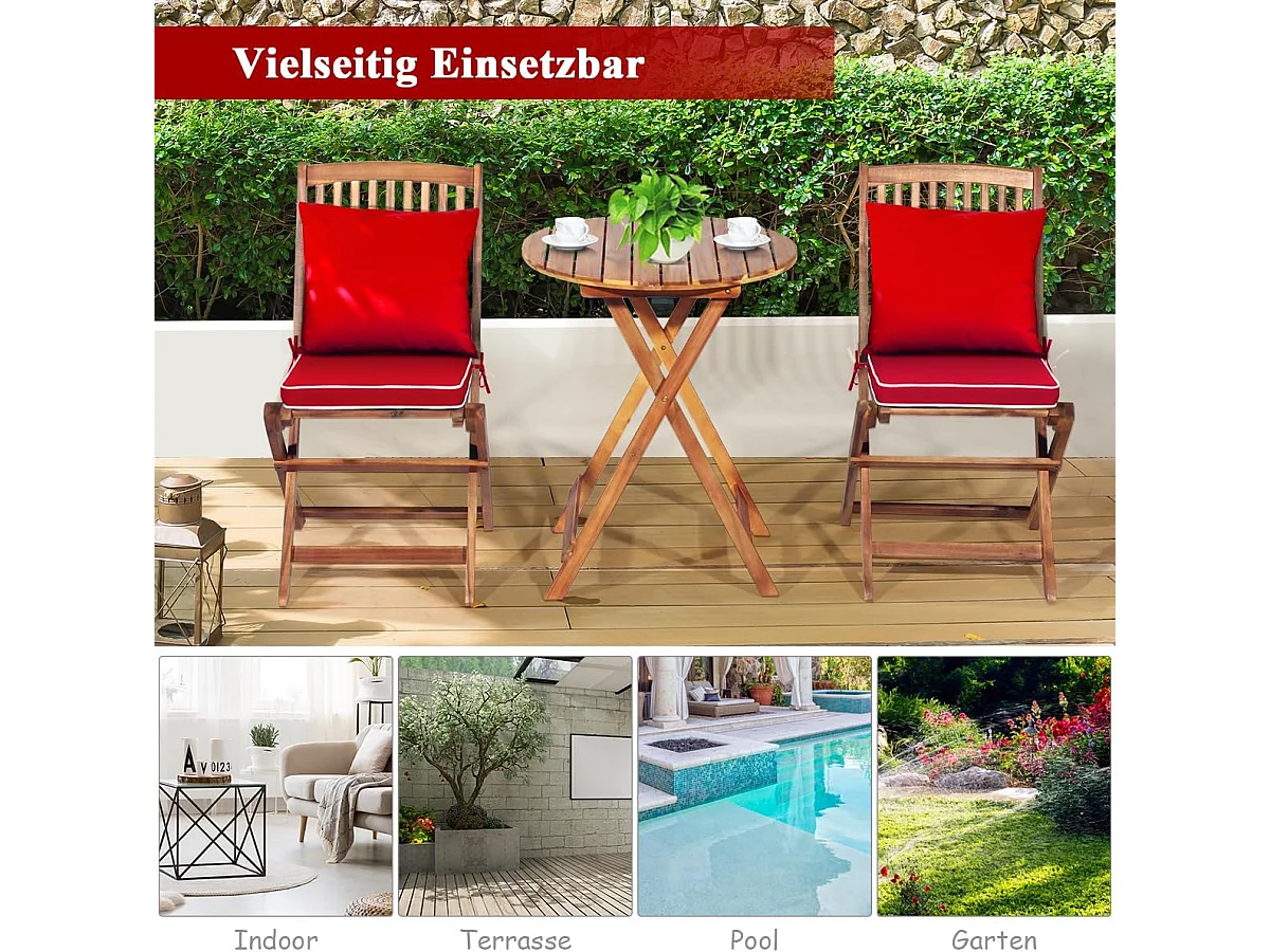 3-delige terrasmeubelset, inklapbaar,met ronde tafel en 2 stoelen,ergonomische zitset van acaciahout met 2 kussens, bistroset voor balkon, tuin, terras,roodTI87097