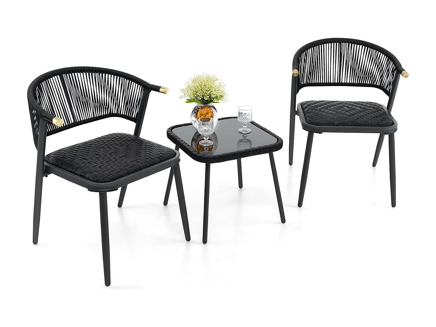 Rotan tuinmeubelset, balkonset met 2 stoelen en tafel, balkonmeubels met sneldrogende schuimbekleding,voor klein balkon, terrasmeubels, zitgroep voor tuinZB33026