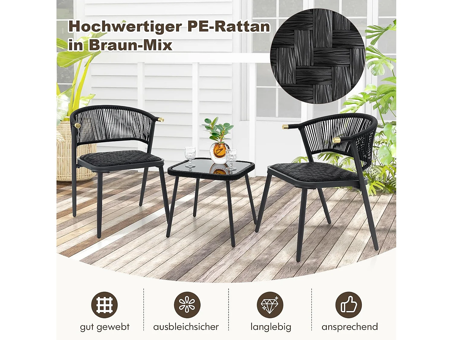 Rotan tuinmeubelset, balkonset met 2 stoelen en tafel, balkonmeubels met sneldrogende schuimbekleding,voor klein balkon, terrasmeubels, zitgroep voor tuinZB33026