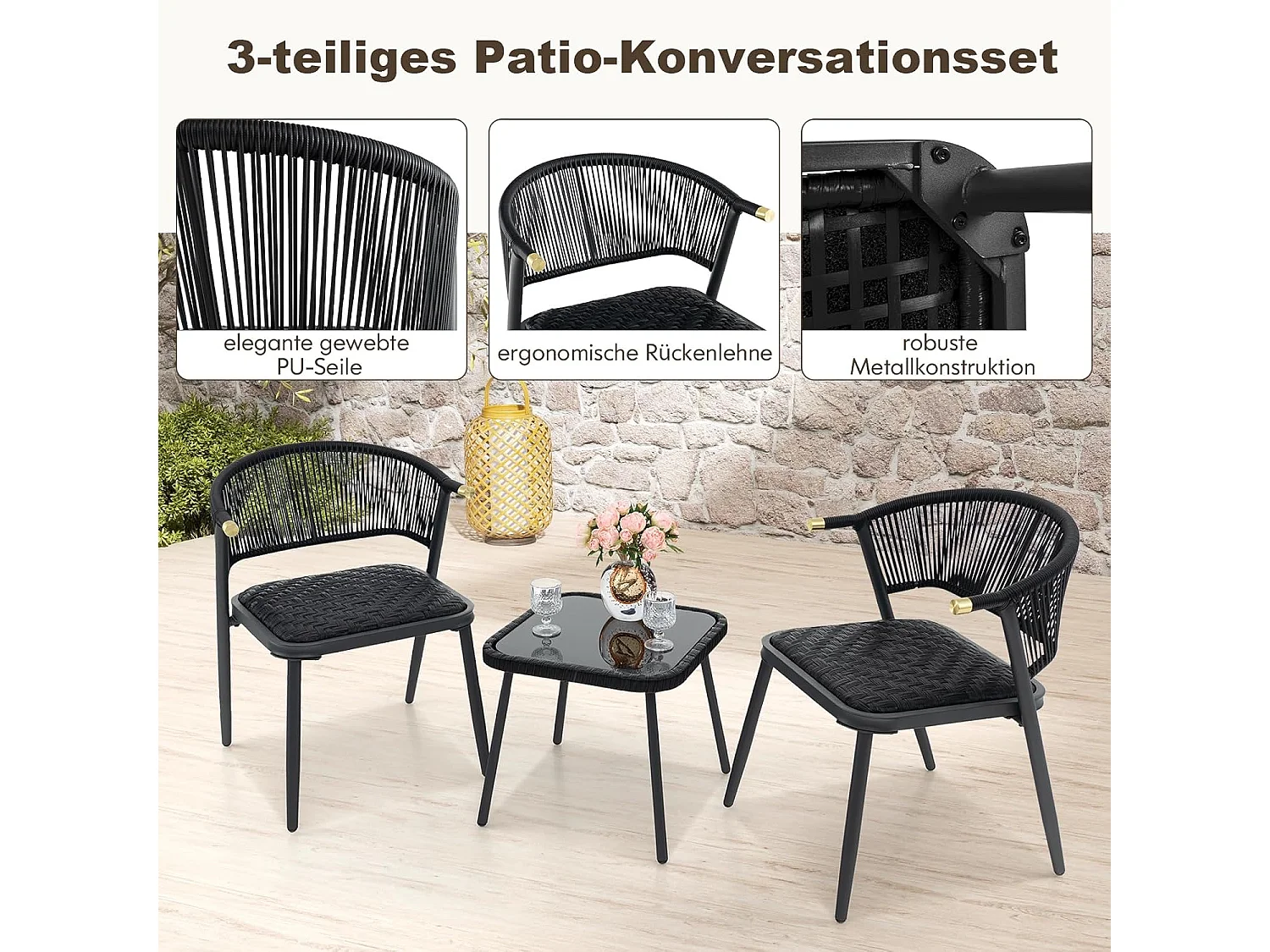 Rotan tuinmeubelset, balkonset met 2 stoelen en tafel, balkonmeubels met sneldrogende schuimbekleding,voor klein balkon, terrasmeubels, zitgroep voor tuinZB33026