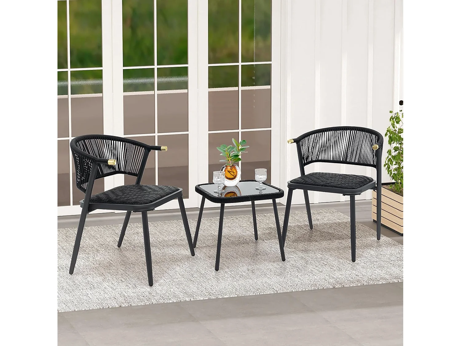 Rotan tuinmeubelset, balkonset met 2 stoelen en tafel, balkonmeubels met sneldrogende schuimbekleding,voor klein balkon, terrasmeubels, zitgroep voor tuinZB33026