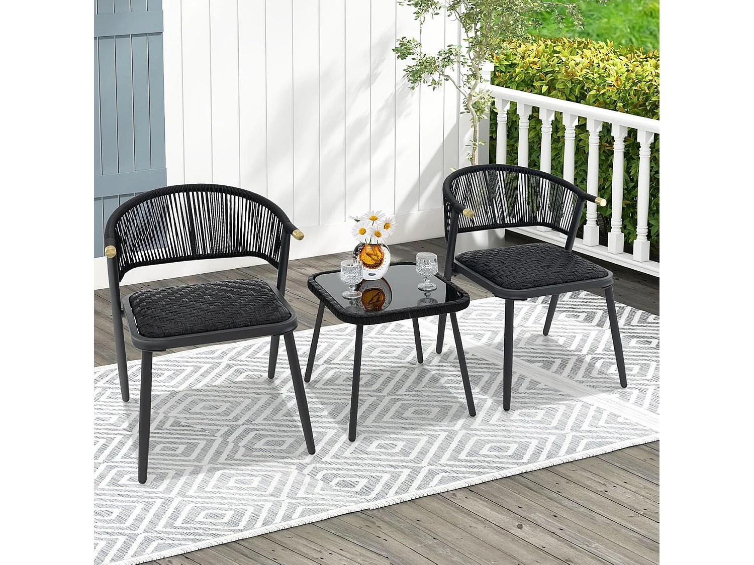 Rotan tuinmeubelset, balkonset met 2 stoelen en tafel, balkonmeubels met sneldrogende schuimbekleding,voor klein balkon, terrasmeubels, zitgroep voor tuinZB33026