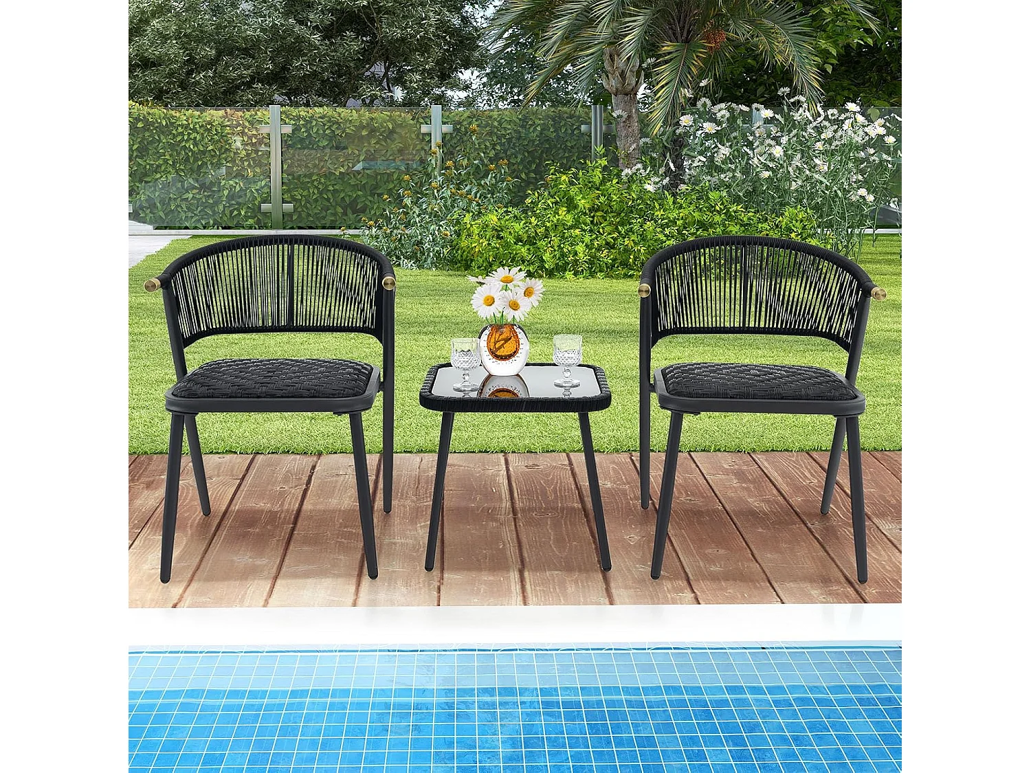 Rotan tuinmeubelset, balkonset met 2 stoelen en tafel, balkonmeubels met sneldrogende schuimbekleding,voor klein balkon, terrasmeubels, zitgroep voor tuinZB33026