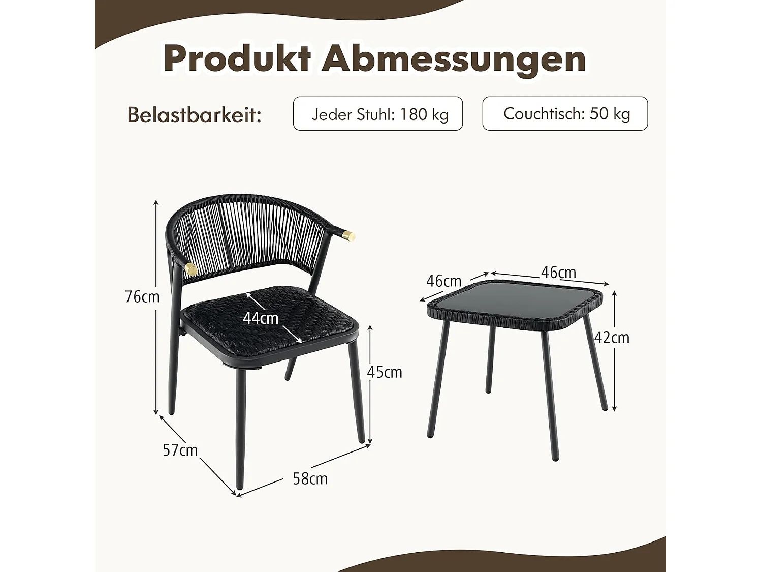 Rotan tuinmeubelset, balkonset met 2 stoelen en tafel, balkonmeubels met sneldrogende schuimbekleding,voor klein balkon, terrasmeubels, zitgroep voor tuinZB33026