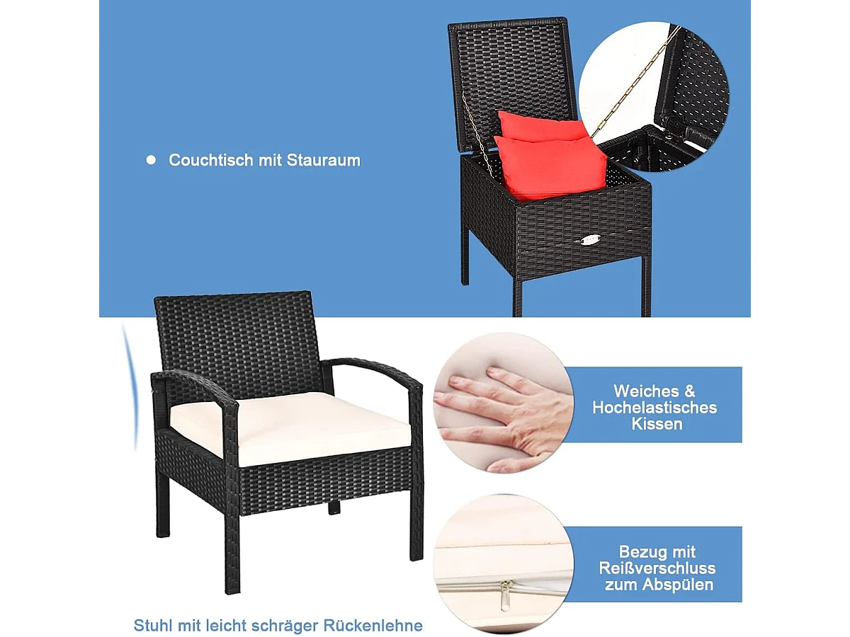 Balkonmeubel, klein balkon, rotan 2 stoelen en tafel met opbergruimte, 3-delig, tuinmeubelen, terrasmeubel, rotanmeubel, loungeset, incl. kussens, zwartTI85979