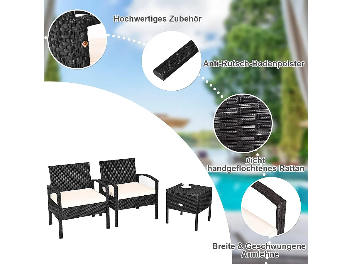 Balkonmeubel, klein balkon, rotan 2 stoelen en tafel met opbergruimte, 3-delig, tuinmeubelen, terrasmeubel, rotanmeubel, loungeset, incl. kussens, zwartTI85979