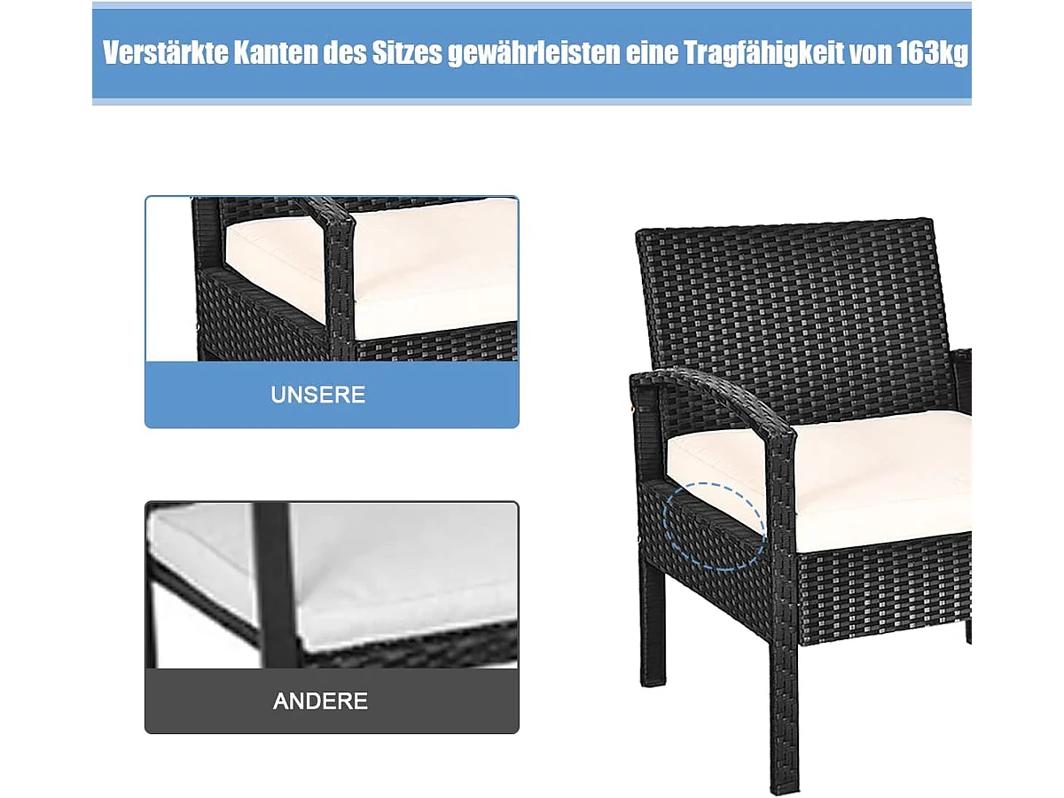 Balkonmeubel, klein balkon, rotan 2 stoelen en tafel met opbergruimte, 3-delig, tuinmeubelen, terrasmeubel, rotanmeubel, loungeset, incl. kussens, zwartTI85979