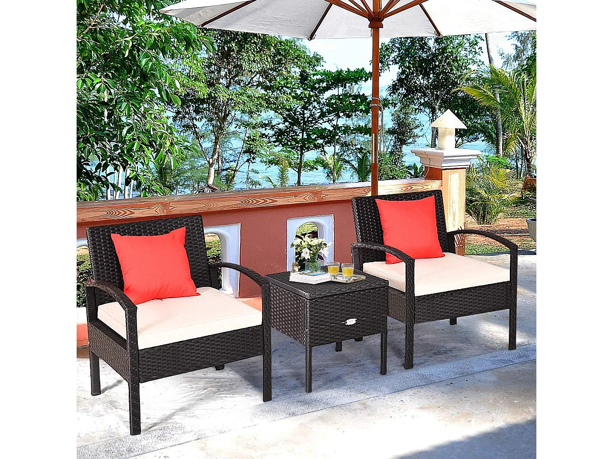 Balkonmeubel, klein balkon, rotan 2 stoelen en tafel met opbergruimte, 3-delig, tuinmeubelen, terrasmeubel, rotanmeubel, loungeset, incl. kussens, zwartTI85979