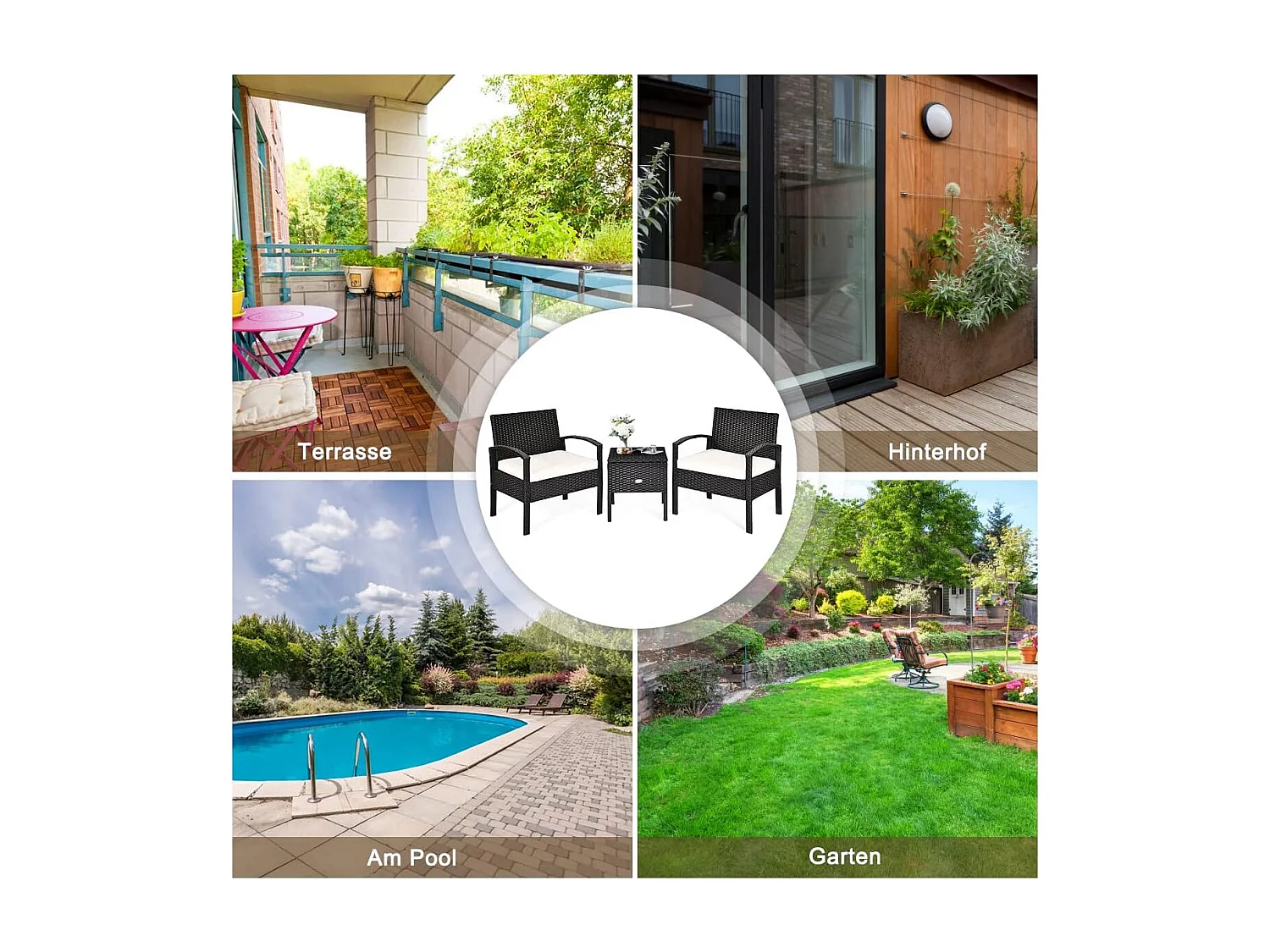 Balkonmeubel, klein balkon, rotan 2 stoelen en tafel met opbergruimte, 3-delig, tuinmeubelen, terrasmeubel, rotanmeubel, loungeset, incl. kussens, zwartTI85979