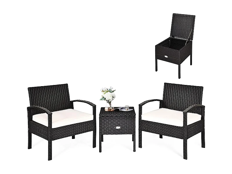 Balkonmeubel, klein balkon, rotan 2 stoelen en tafel met opbergruimte, 3-delig, tuinmeubelen, terrasmeubel, rotanmeubel, loungeset, incl. kussens, zwartTI85979