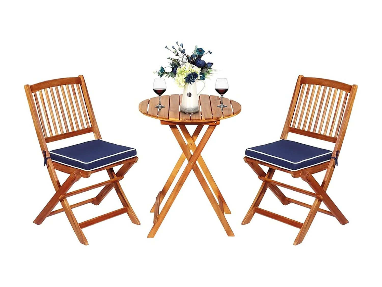 3-delige terrasmeubelset, inklapbaar, met ronde tafel en 2 stoelen, ergonomische zitset van acaciahout met 2 kussens, bistroset voor balkon,achtertuin TI87097