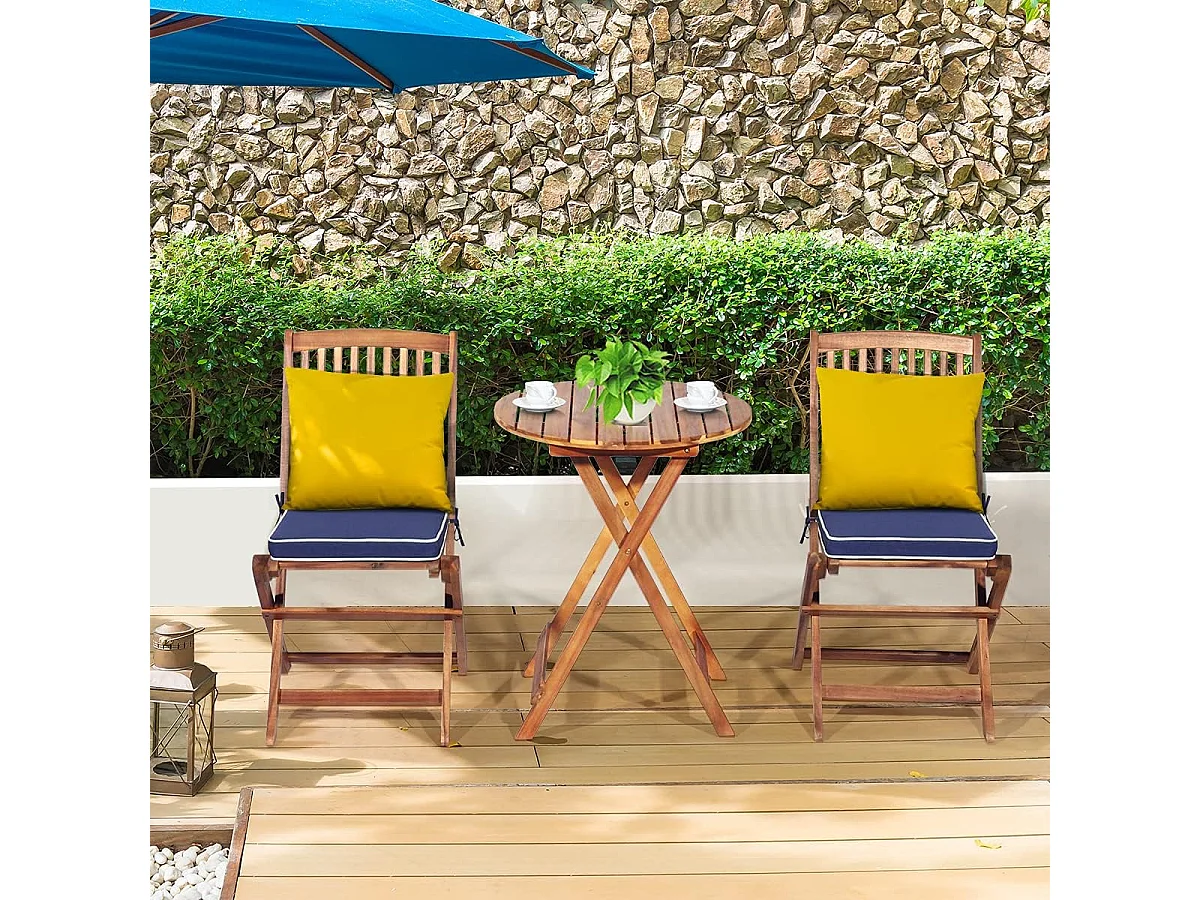 3-delige terrasmeubelset, inklapbaar, met ronde tafel en 2 stoelen, ergonomische zitset van acaciahout met 2 kussens, bistroset voor balkon,achtertuin TI87097