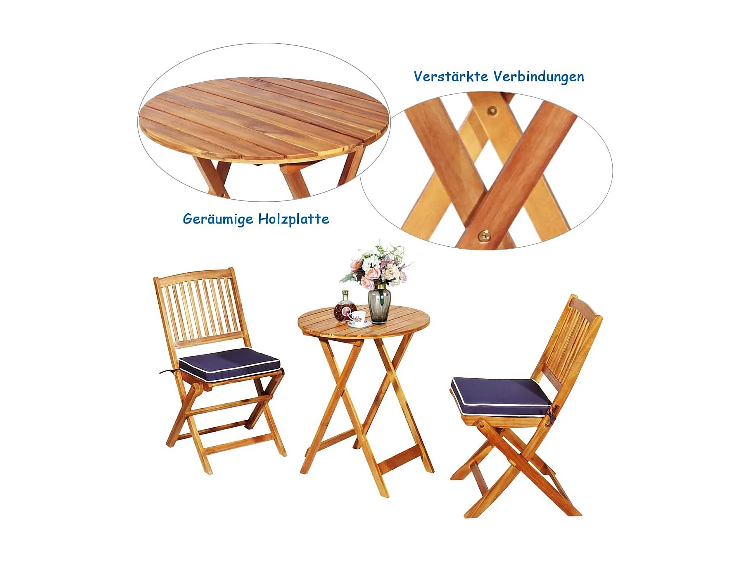 3-delige terrasmeubelset, inklapbaar, met ronde tafel en 2 stoelen, ergonomische zitset van acaciahout met 2 kussens, bistroset voor balkon,achtertuin TI87097