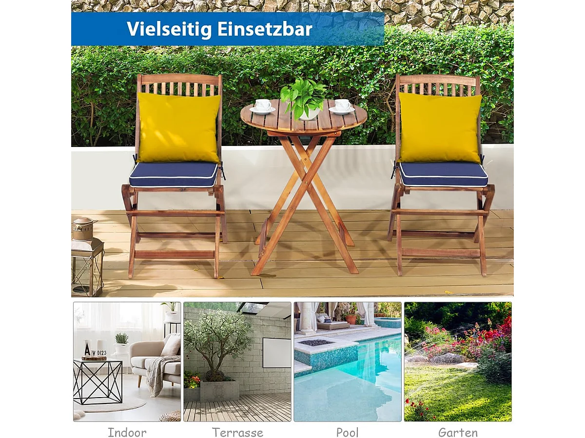 3-delige terrasmeubelset, inklapbaar, met ronde tafel en 2 stoelen, ergonomische zitset van acaciahout met 2 kussens, bistroset voor balkon,achtertuin TI87097
