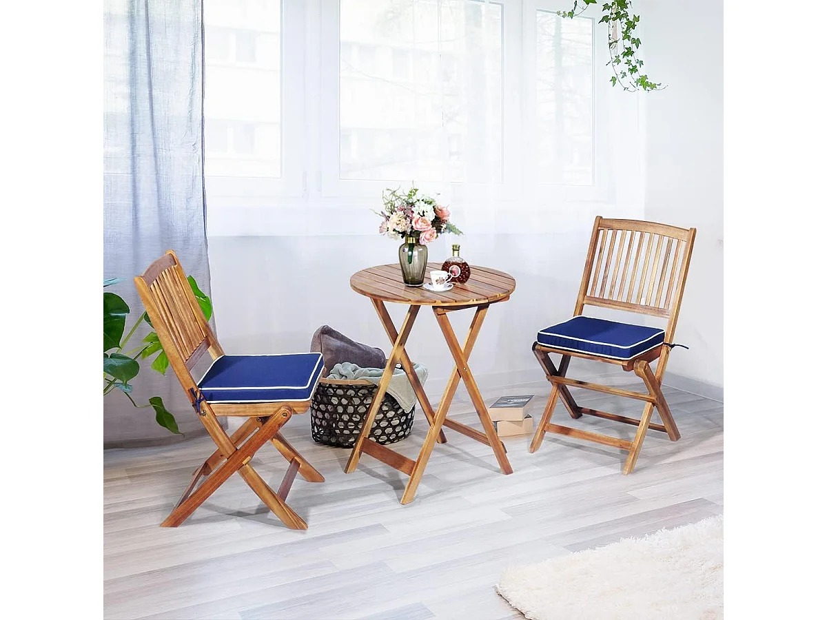 3-delige terrasmeubelset, inklapbaar, met ronde tafel en 2 stoelen, ergonomische zitset van acaciahout met 2 kussens, bistroset voor balkon,achtertuin TI87097