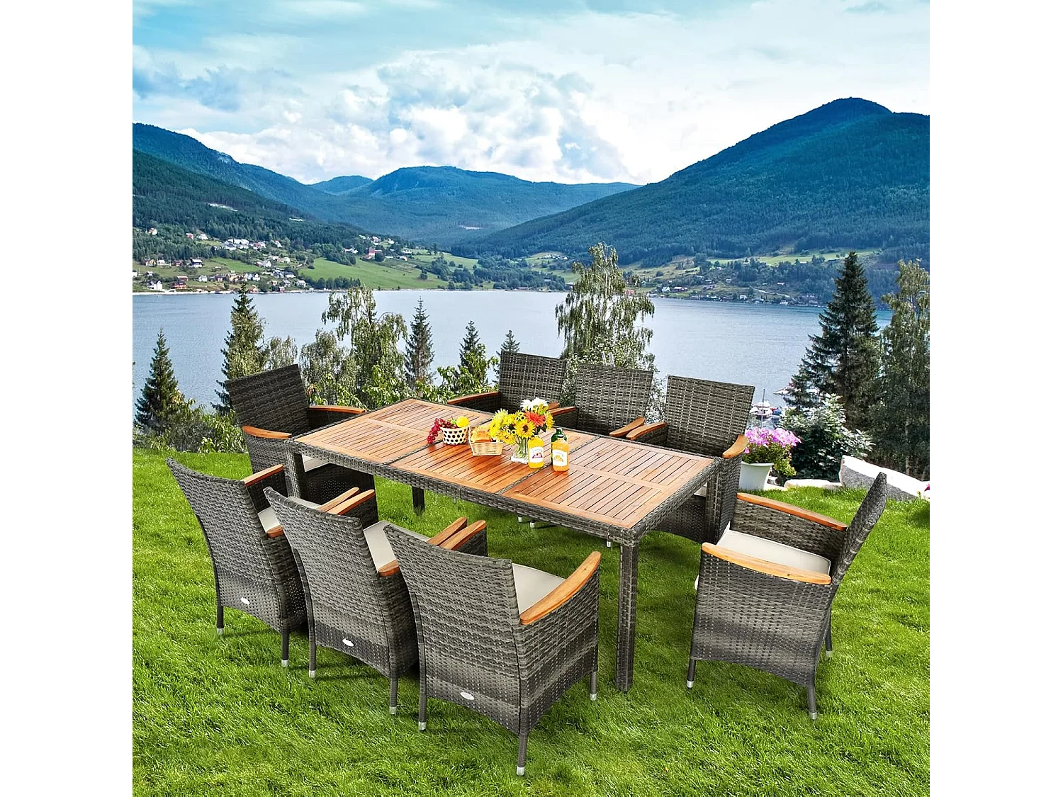 Rotan zitgroep voor 8 personen, tuinmeubels polyrotan 9-delig, tuintafel acaciahout met stoelen en kussens, tuinmeubelen zitmeubel, eetgroep outdoor terras