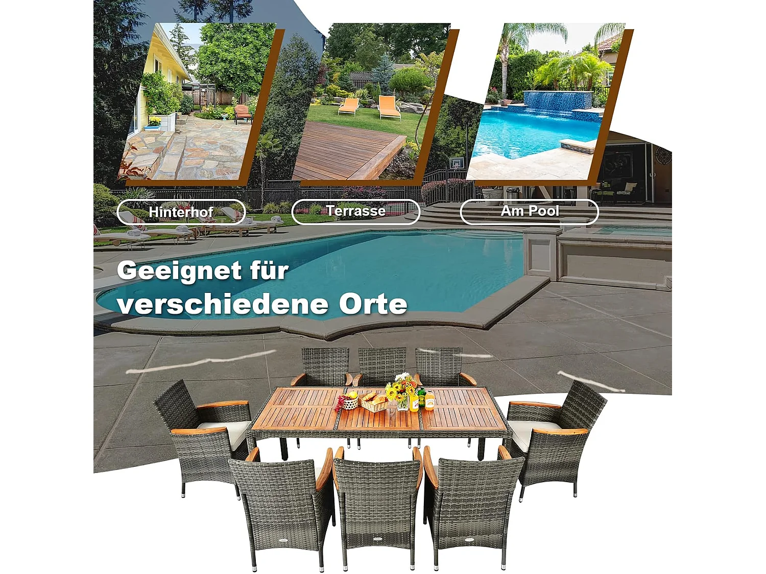 Rotan zitgroep voor 8 personen, tuinmeubels polyrotan 9-delig, tuintafel acaciahout met stoelen en kussens, tuinmeubelen zitmeubel, eetgroep outdoor terras
