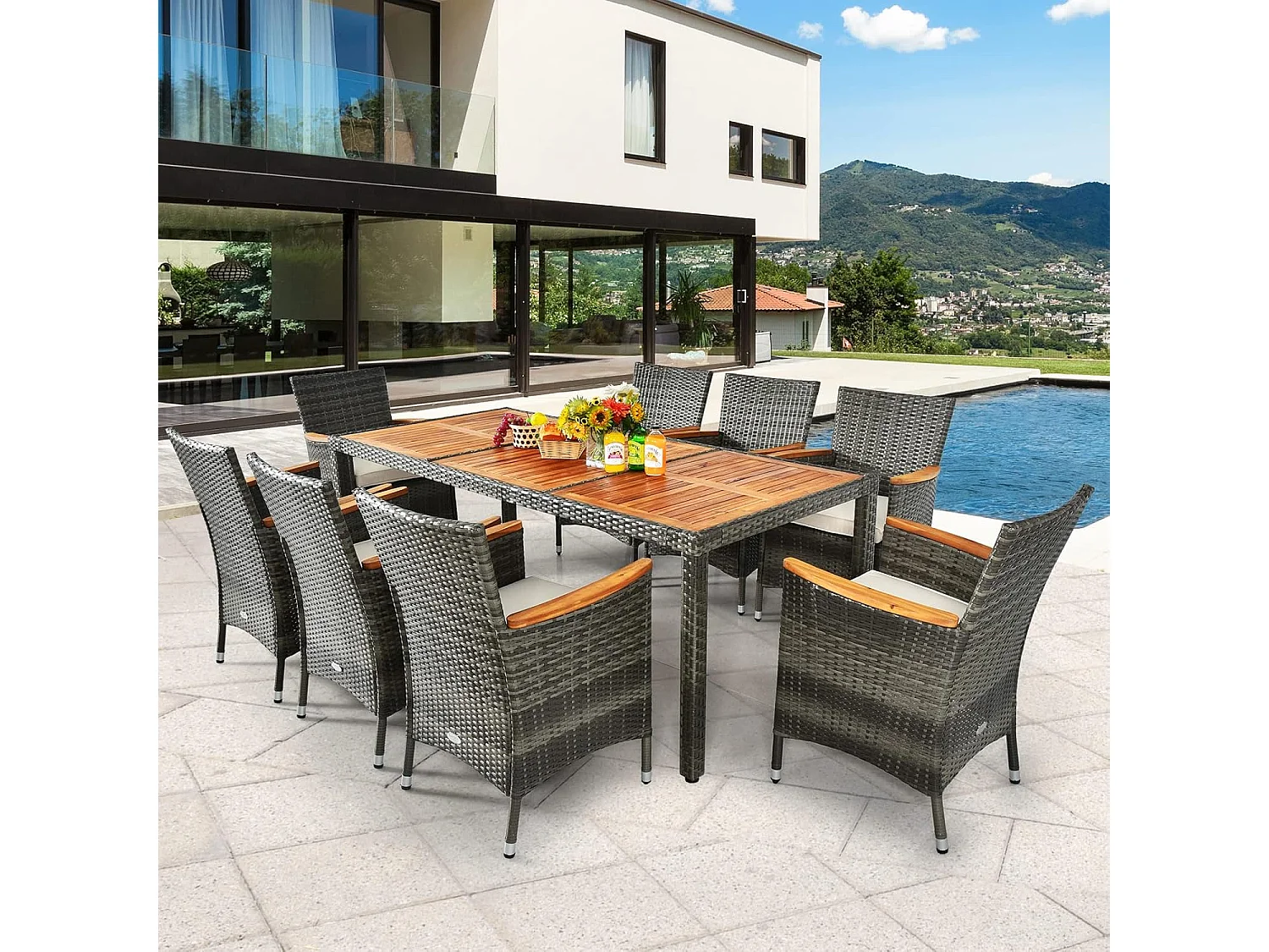 Rotan zitgroep voor 8 personen, tuinmeubels polyrotan 9-delig, tuintafel acaciahout met stoelen en kussens, tuinmeubelen zitmeubel, eetgroep outdoor terras
