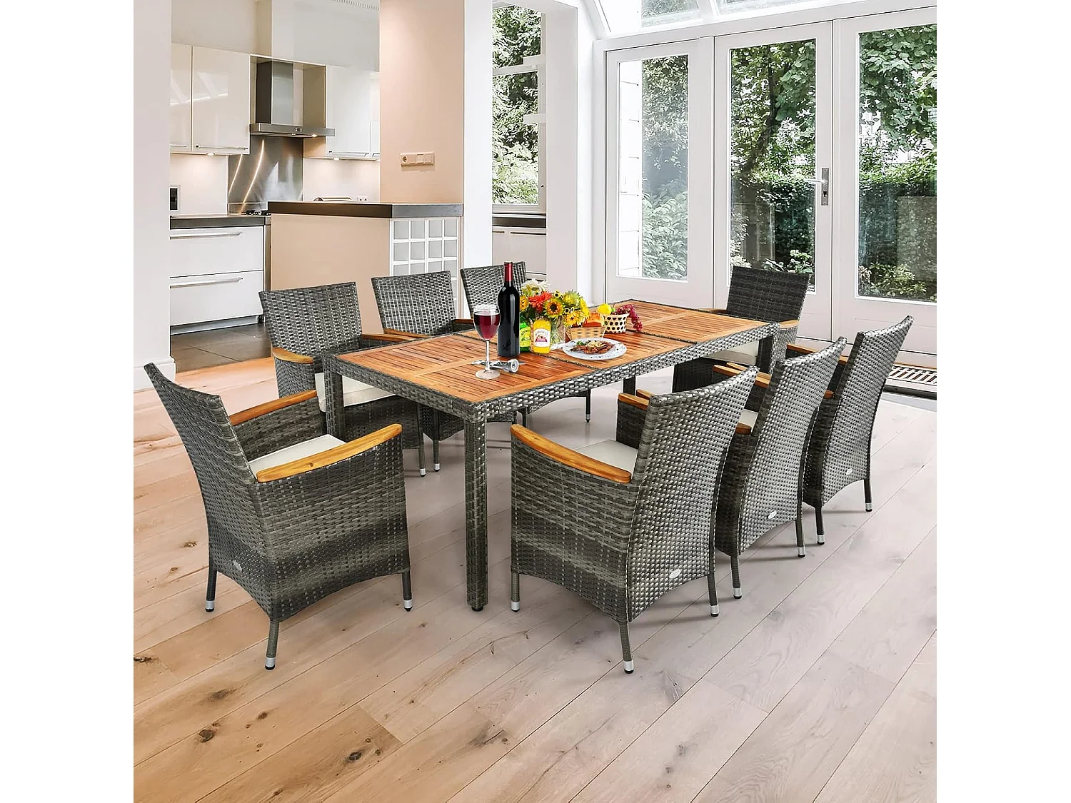 Rotan zitgroep voor 8 personen, tuinmeubels polyrotan 9-delig, tuintafel acaciahout met stoelen en kussens, tuinmeubelen zitmeubel, eetgroep outdoor terras