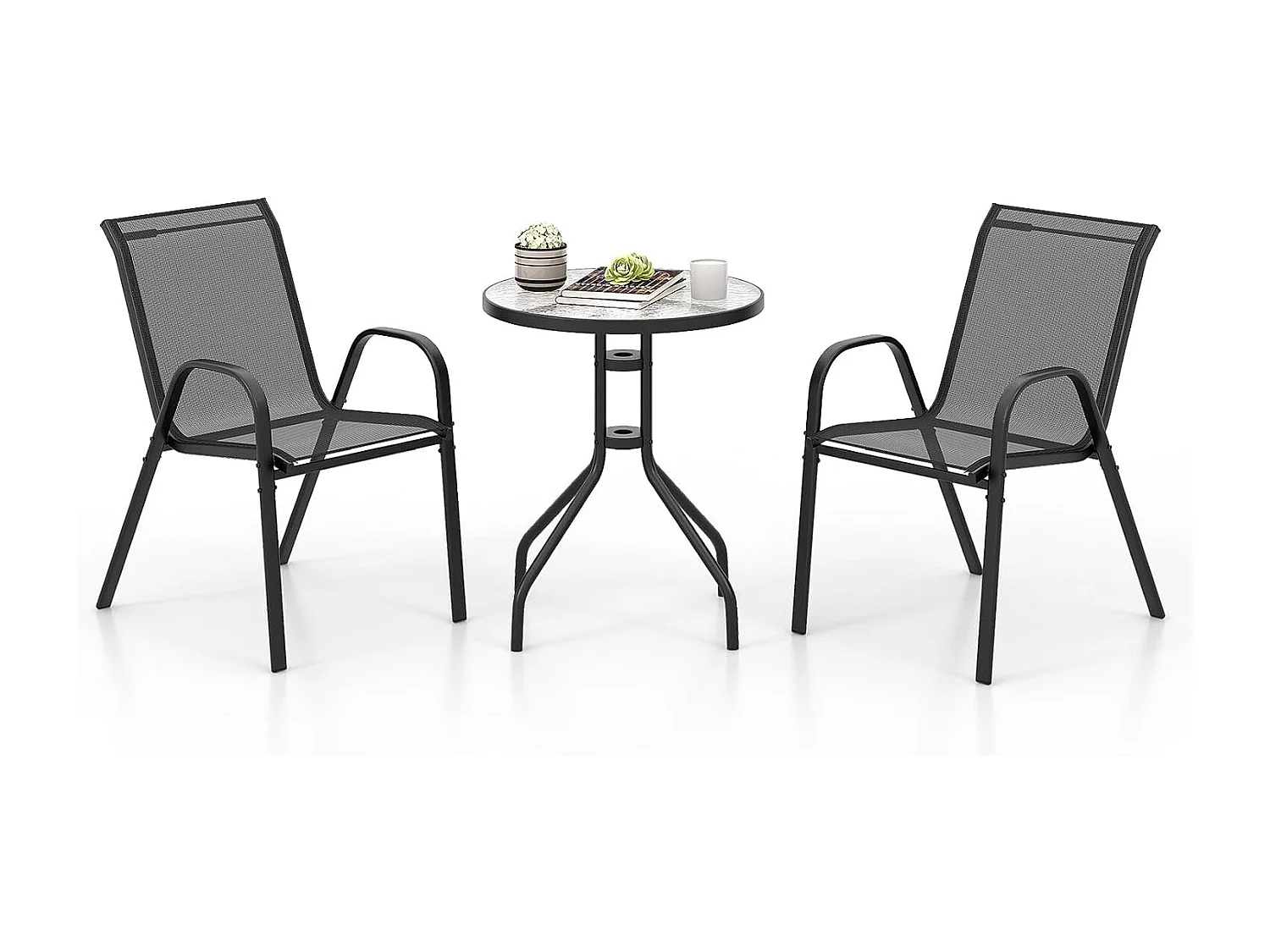 3-delige balkonmeubelset, bistrotafel met 2 stapelbare stoelen, balkonset, bistroset, tuinset, tuingereedschap, tuinmeubelen, zitgroep voor tuin, balkon ZB33833