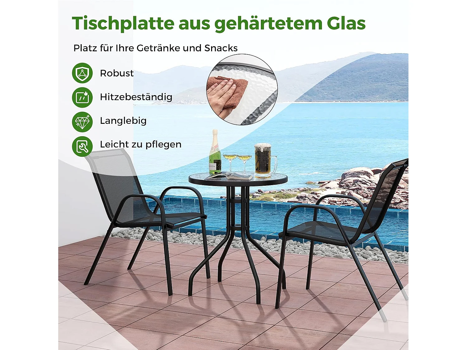 3-delige balkonmeubelset, bistrotafel met 2 stapelbare stoelen, balkonset, bistroset, tuinset, tuingereedschap, tuinmeubelen, zitgroep voor tuin, balkon ZB33833